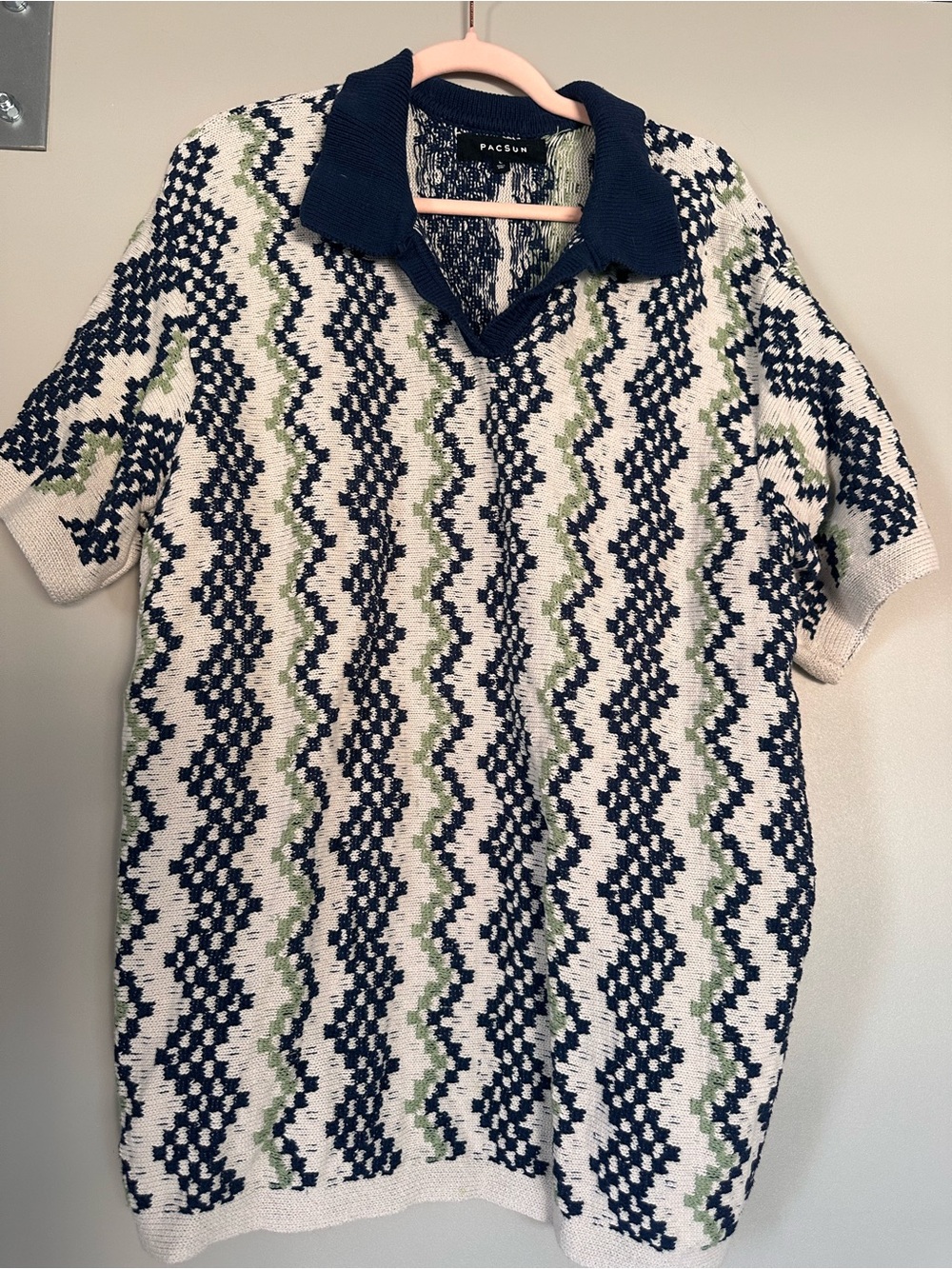 PacSun Navy, White & Light Green Zigzag Knit Polo